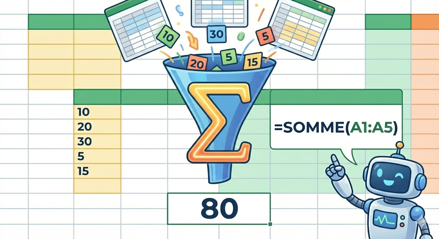 SOMME Excel : Tutoriel complet avec exemples pour additionner cellules, plages et colonnes (calculs, budgets, listes)